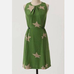 Girls From Savoy Anthropologie Green Star Print Silk Dress A-Line Size 4 Women's